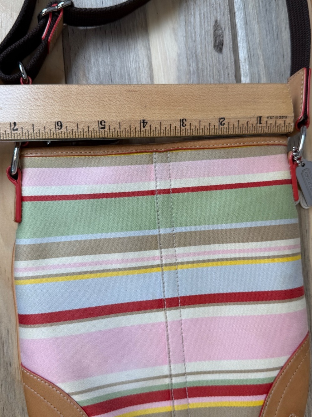 Coach Striped Hamptons Fabric and Leather Crossbody Bag Multi Color Daisy Charm - Picture 9 of 11